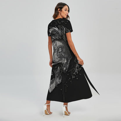 Monochrome Punk Skull Print Short Sleeve Maxi Dress
