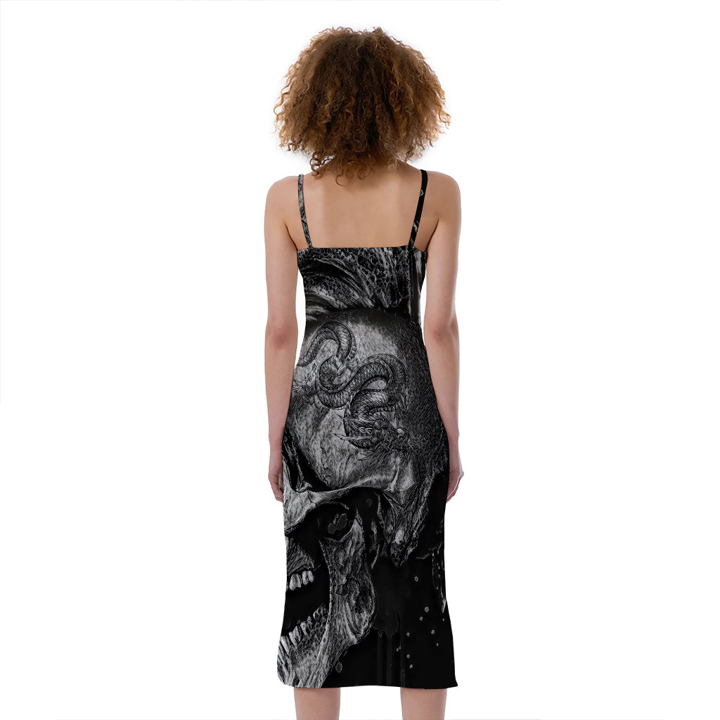 Monochrome Punk Skull Print Slim Fit Midi Cami Dress