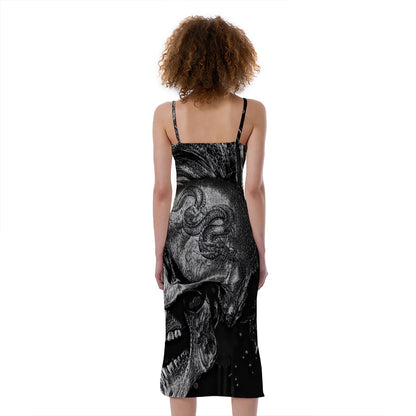 Monochrome Punk Skull Print Slim Fit Midi Cami Dress