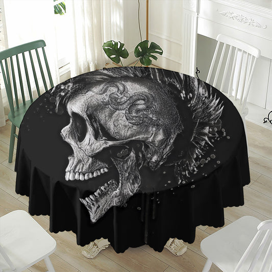 Monochrome Punk Skull Print Waterproof Round Tablecloth