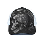 Monochrome Punk Skull Print White Mesh Trucker Cap