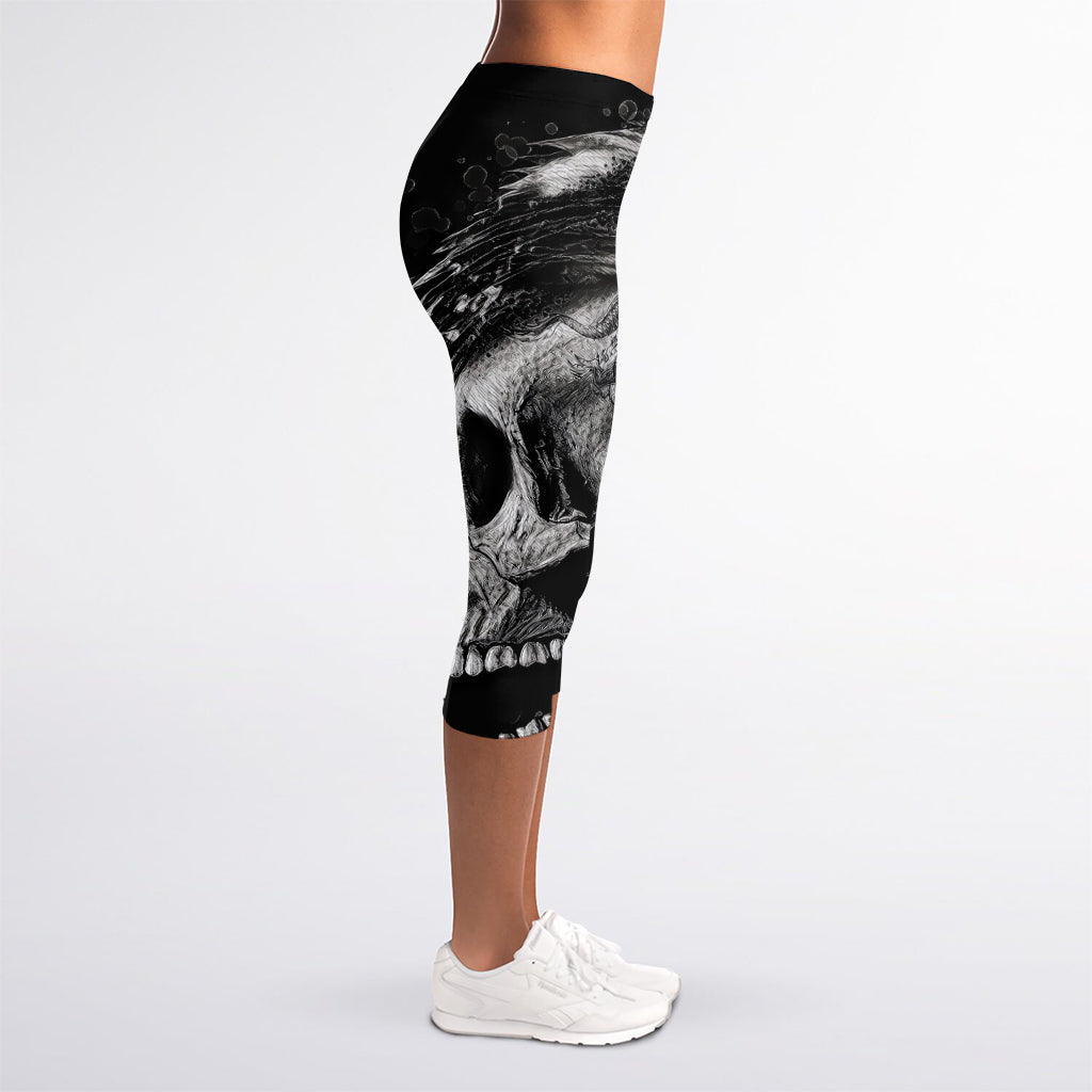 Monochrome Punk Skull Print Women's Capri Leggings