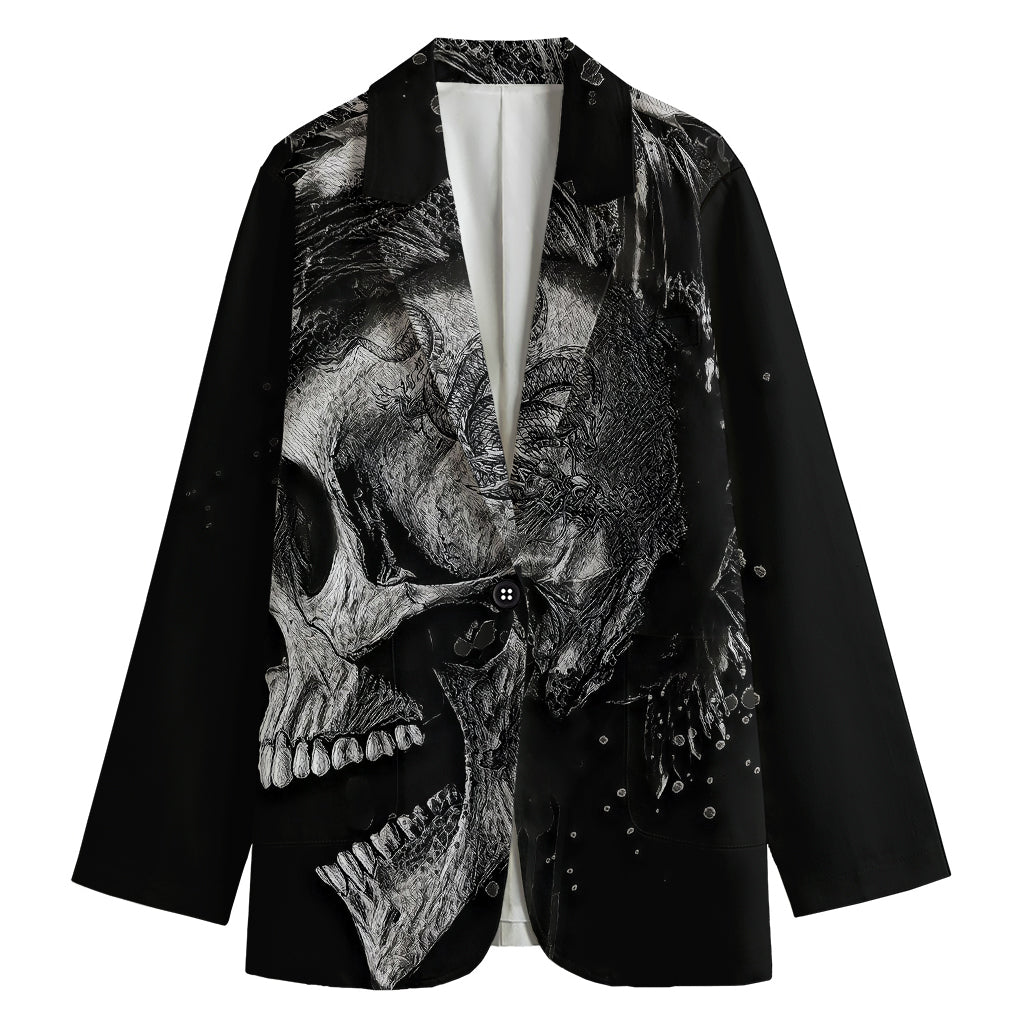 Monochrome Punk Skull Print Women's Cotton Blazer