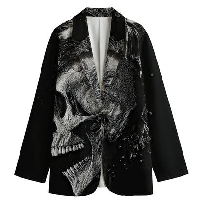 Monochrome Punk Skull Print Women's Cotton Blazer