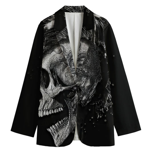Monochrome Punk Skull Print Women's Cotton Blazer