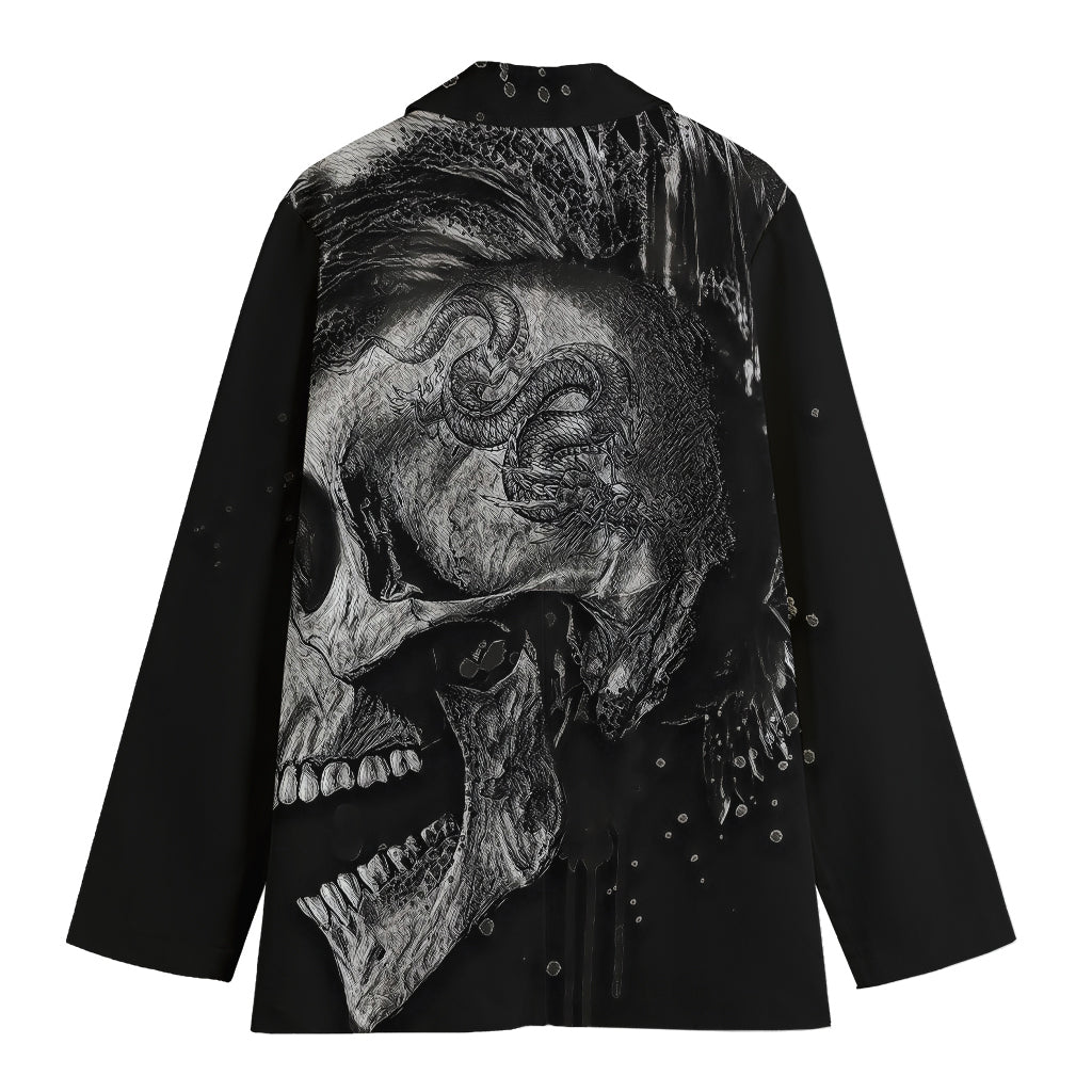 Monochrome Punk Skull Print Women's Cotton Blazer
