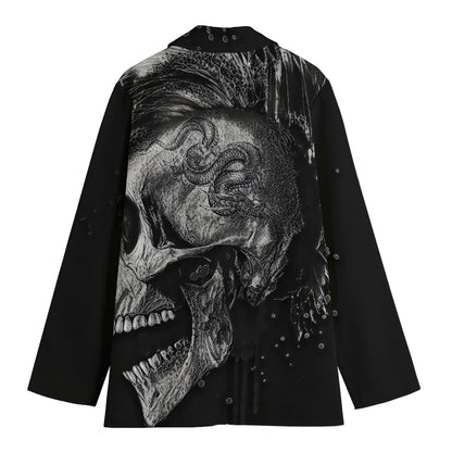 Monochrome Punk Skull Print Women's Cotton Blazer