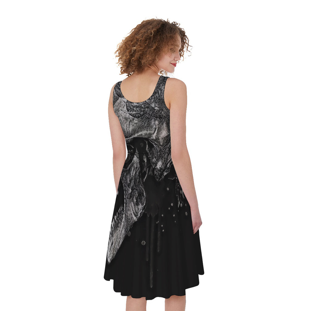 Monochrome Punk Skull Print Women's Sleeveless Dress