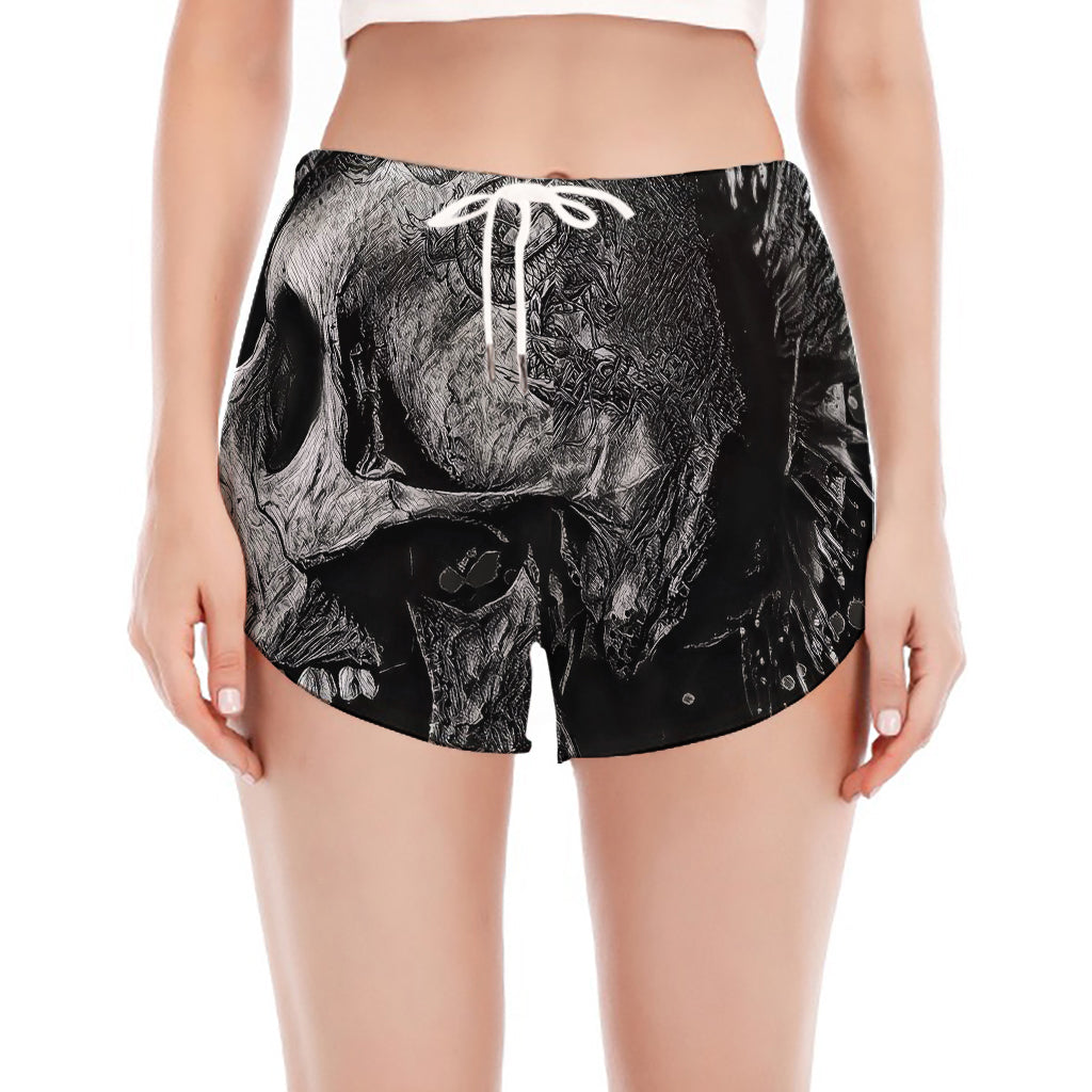 Monochrome Punk Skull Print Women's Split Running Shorts