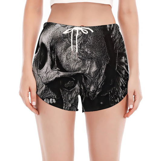 Monochrome Punk Skull Print Women's Split Running Shorts