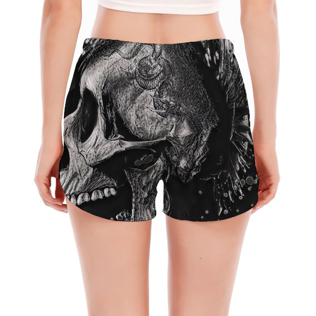Monochrome Punk Skull Print Women's Split Running Shorts