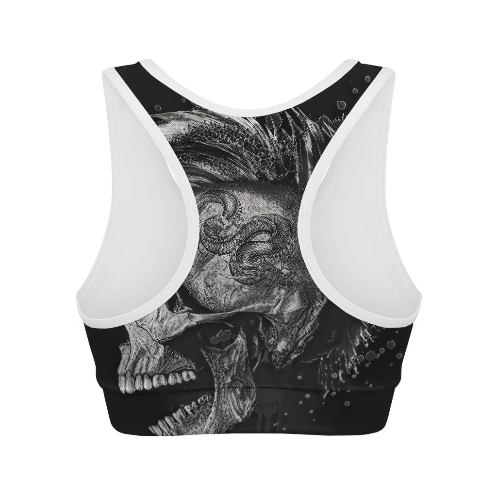 Monochrome Punk Skull Print Women's Sports Bra