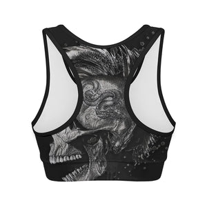 Monochrome Punk Skull Print Women's Sports Bra