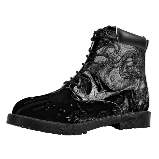 Monochrome Punk Skull Print Work Boots