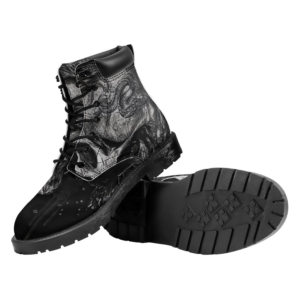 Monochrome Punk Skull Print Work Boots