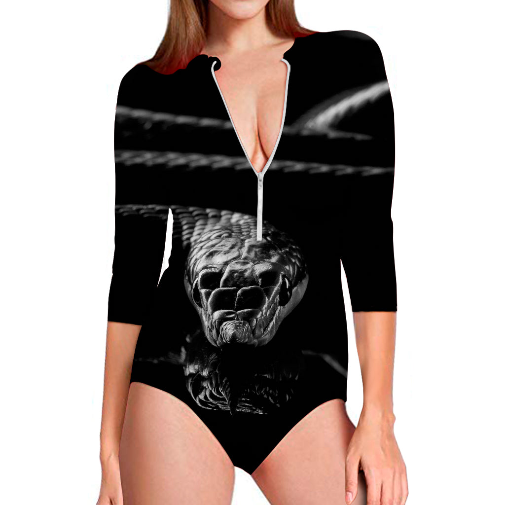 Monochrome Rhinoceros Ratsnake Print Long Sleeve Swimsuit