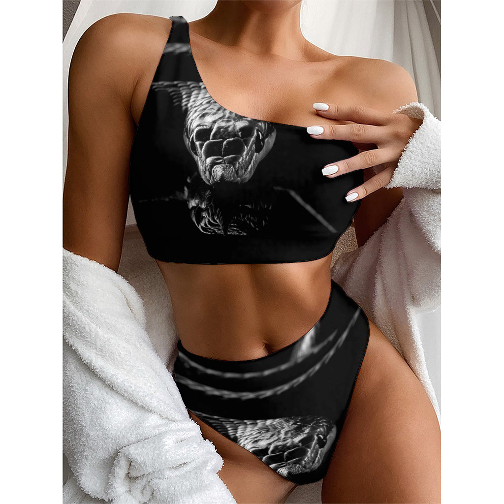 Monochrome Rhinoceros Ratsnake Print One Shoulder Bikini Top