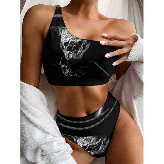 Monochrome Rhinoceros Ratsnake Print One Shoulder Bikini Top