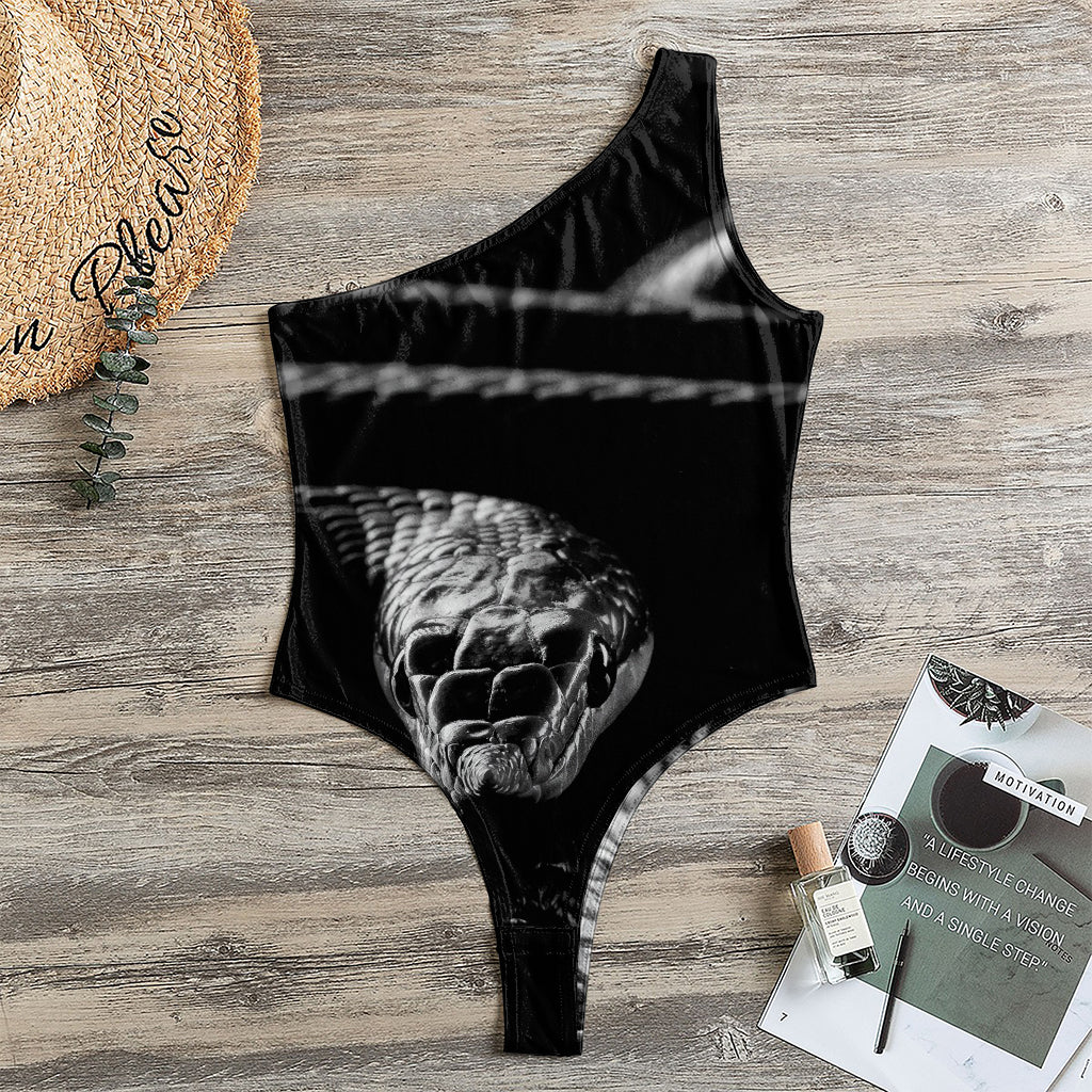Monochrome Rhinoceros Ratsnake Print One Shoulder Bodysuit