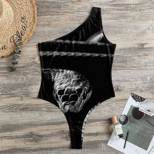 Monochrome Rhinoceros Ratsnake Print One Shoulder Bodysuit