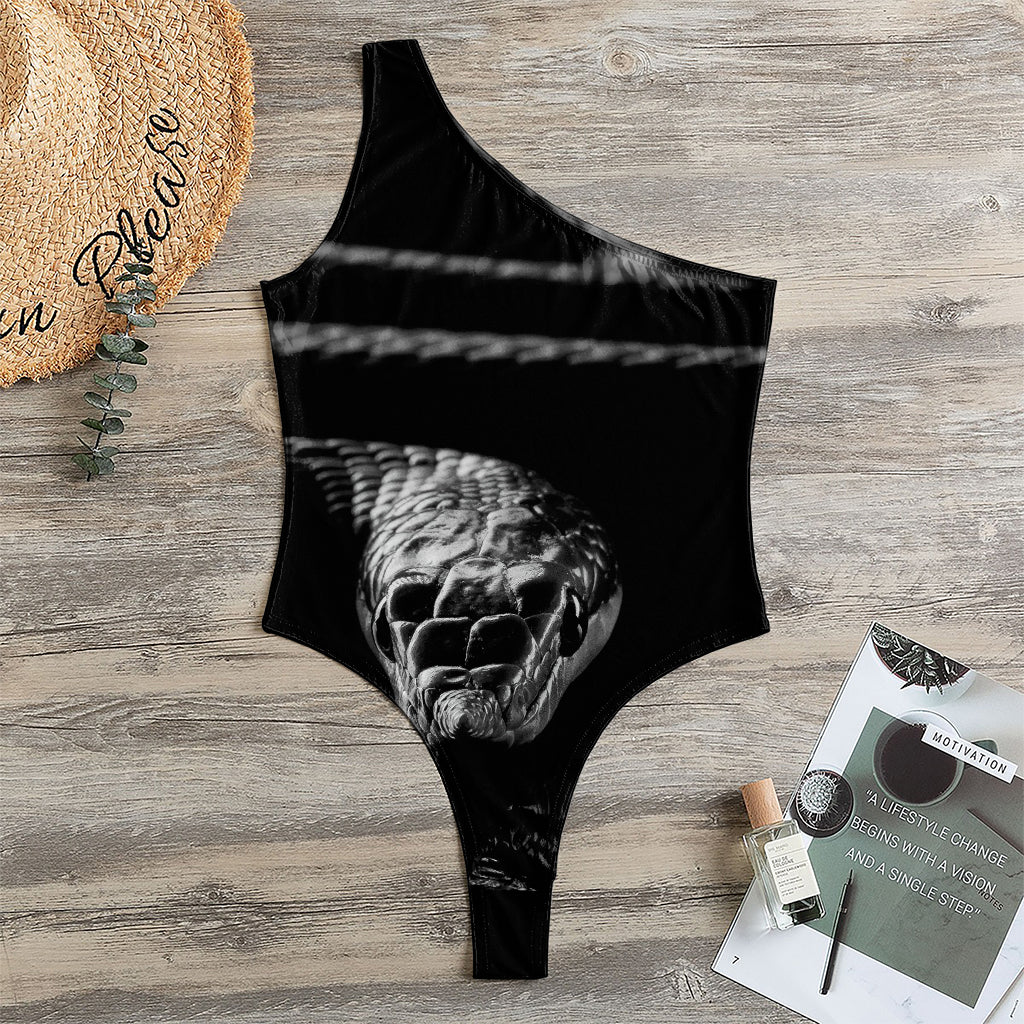 Monochrome Rhinoceros Ratsnake Print One Shoulder Bodysuit