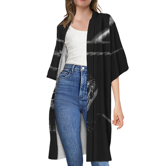 Monochrome Rhinoceros Ratsnake Print Open Front Beach Cover Up