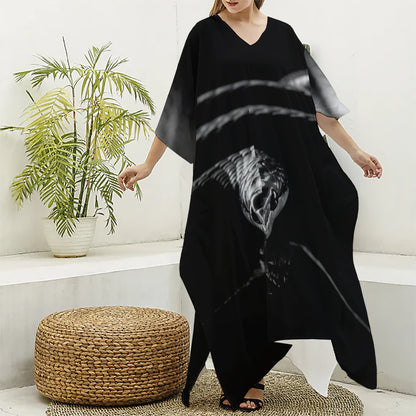 Monochrome Rhinoceros Ratsnake Print Silk V-Neck Kaftan Dress