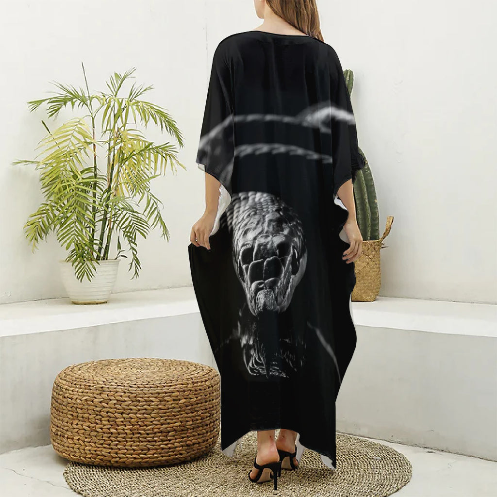 Monochrome Rhinoceros Ratsnake Print Silk V-Neck Kaftan Dress