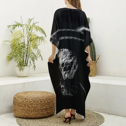 Monochrome Rhinoceros Ratsnake Print Silk V-Neck Kaftan Dress