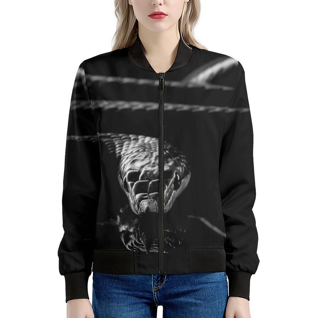 Monochrome Rhinoceros Ratsnake Print Women's Bomber Jacket