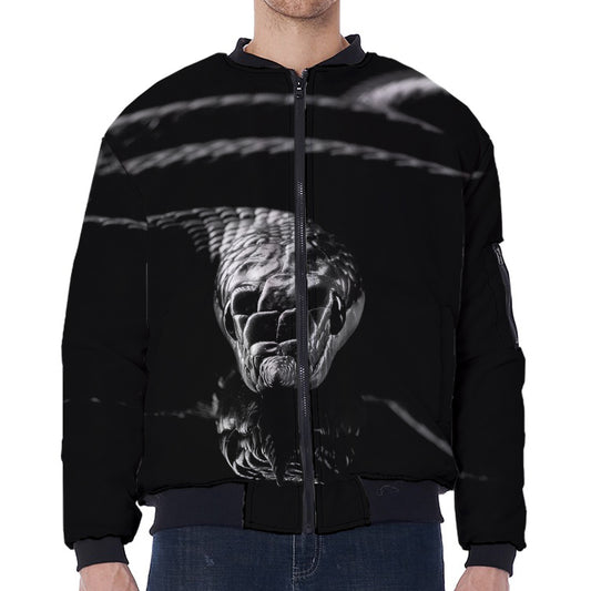 Monochrome Rhinoceros Ratsnake Print Zip Sleeve Bomber Jacket