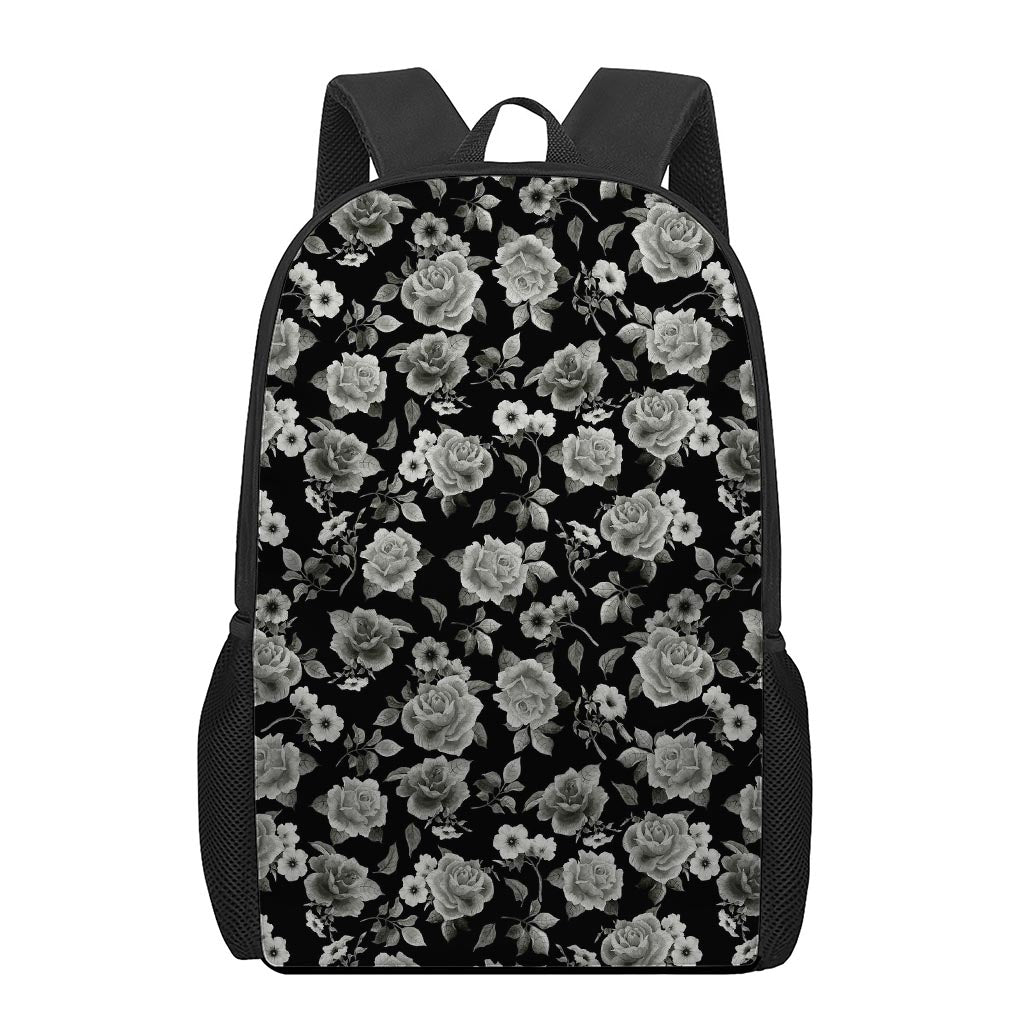 Monochrome Rose Floral Pattern Print 17 Inch Backpack