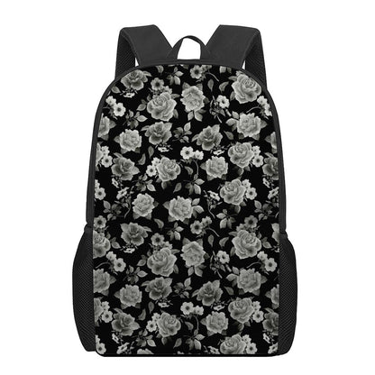 Monochrome Rose Floral Pattern Print 17 Inch Backpack