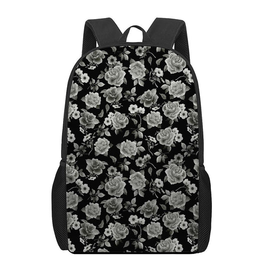 Monochrome Rose Floral Pattern Print 17 Inch Backpack
