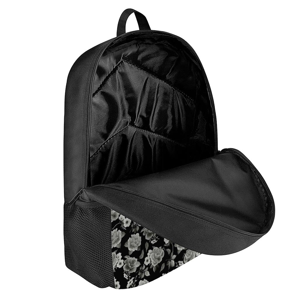 Monochrome Rose Floral Pattern Print 17 Inch Backpack
