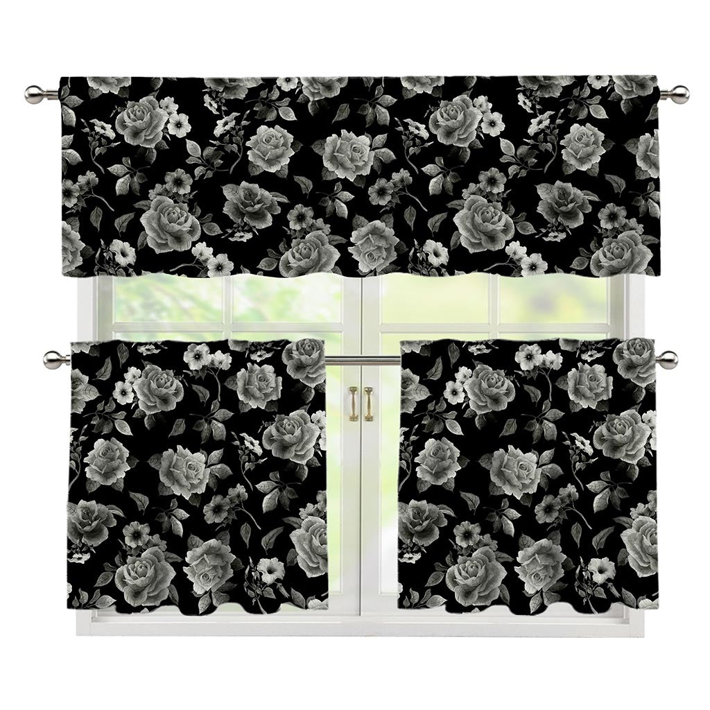 Monochrome Rose Floral Pattern Print 3 Piece Kitchen Curtains