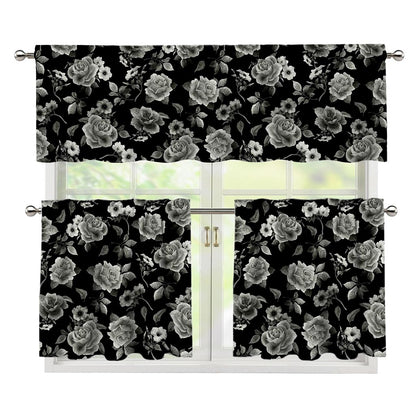 Monochrome Rose Floral Pattern Print 3 Piece Kitchen Curtains