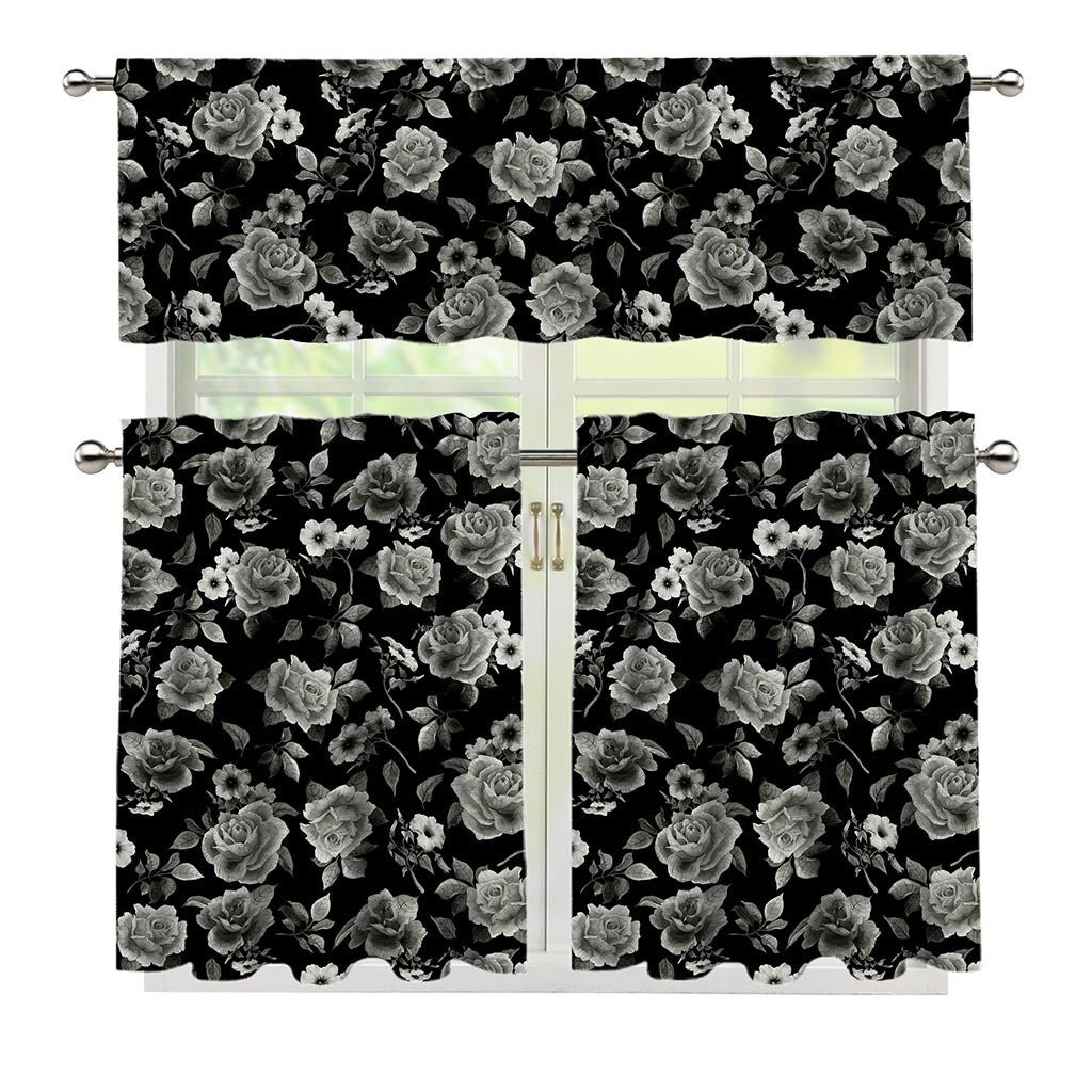 Monochrome Rose Floral Pattern Print 3 Piece Kitchen Curtains