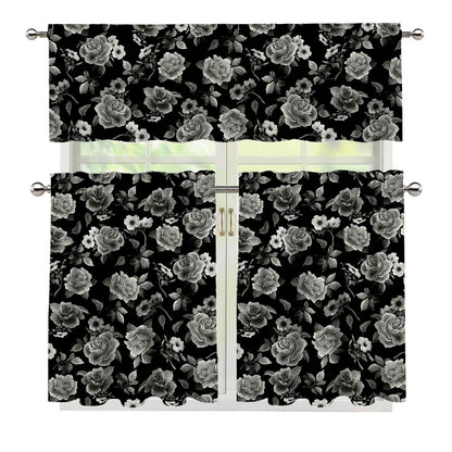 Monochrome Rose Floral Pattern Print 3 Piece Kitchen Curtains
