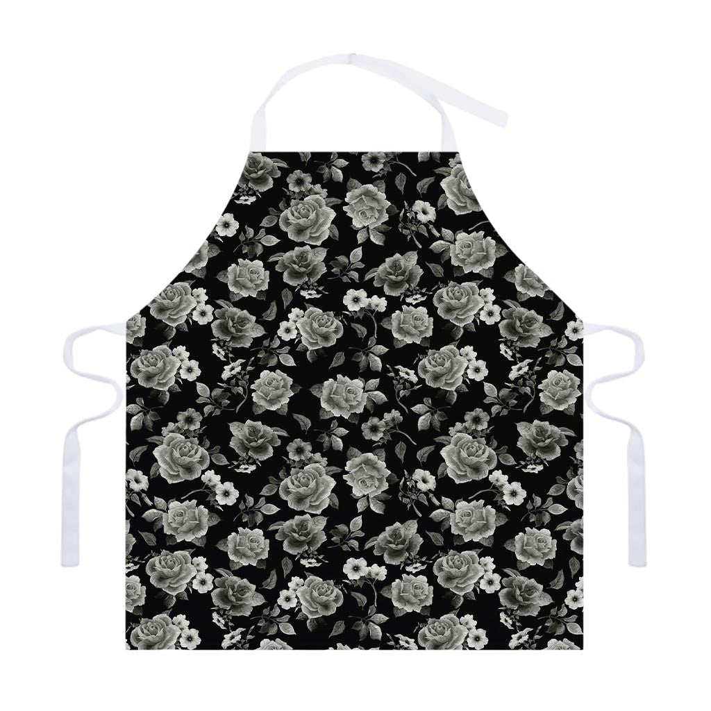 Monochrome Rose Floral Pattern Print Adjustable Apron