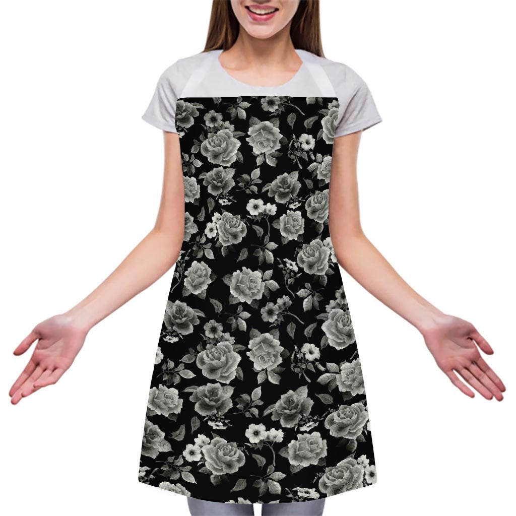 Monochrome Rose Floral Pattern Print Adjustable Apron