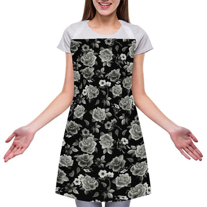 Monochrome Rose Floral Pattern Print Adjustable Apron