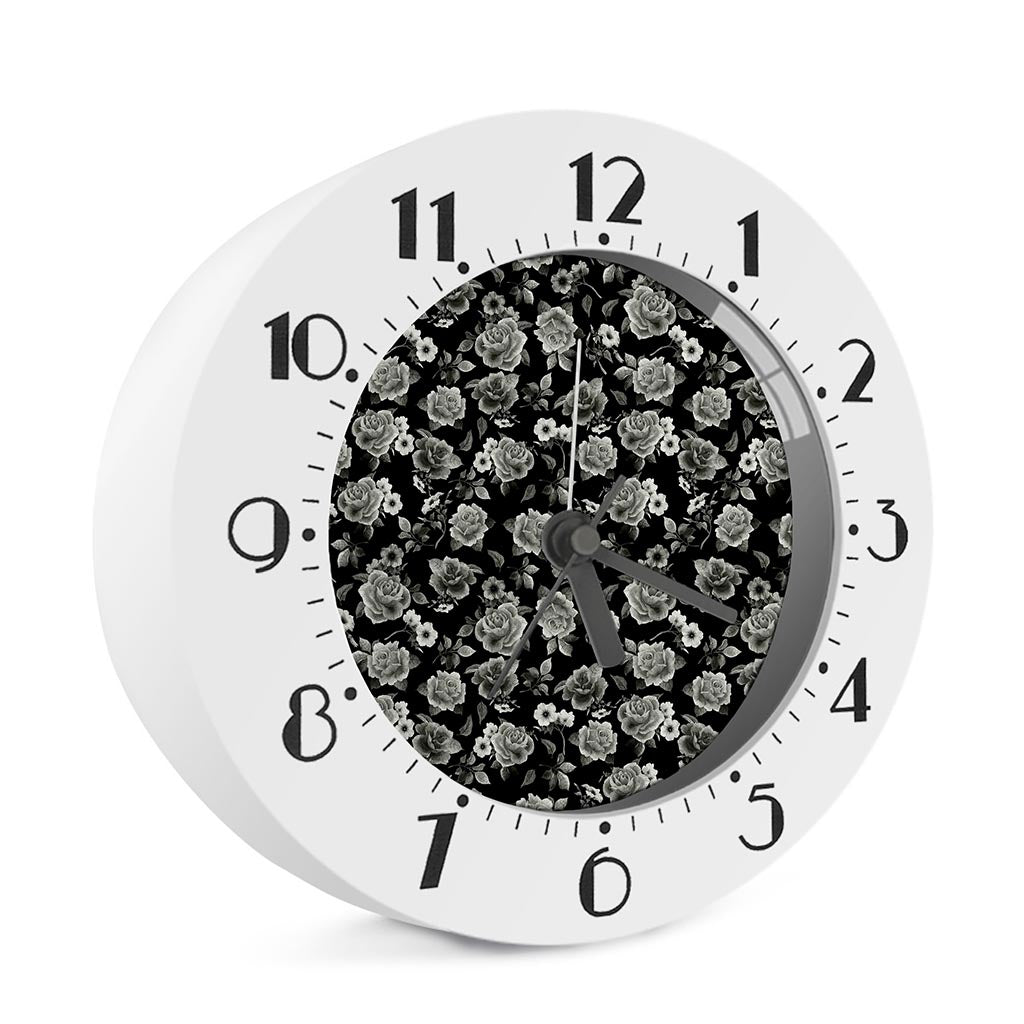 Monochrome Rose Floral Pattern Print Alarm Clock