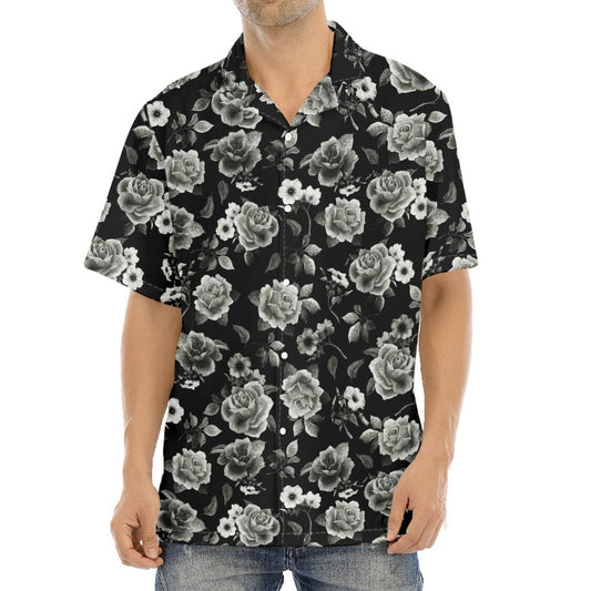 Monochrome Rose Floral Pattern Print Aloha Shirt