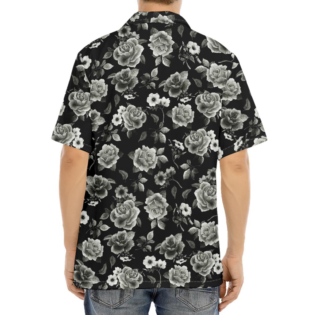 Monochrome Rose Floral Pattern Print Aloha Shirt
