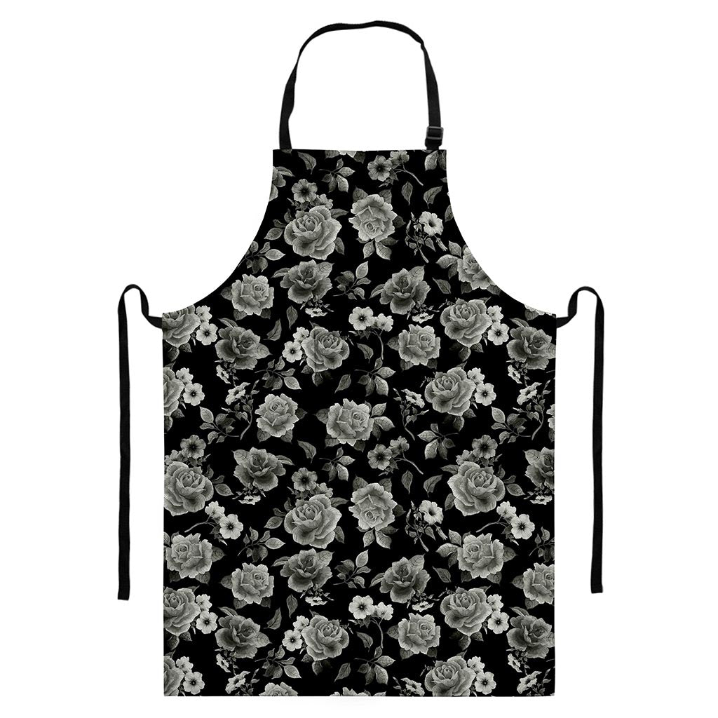 Monochrome Rose Floral Pattern Print Bib Apron With Pocket