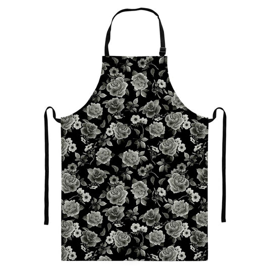 Monochrome Rose Floral Pattern Print Bib Apron With Pocket