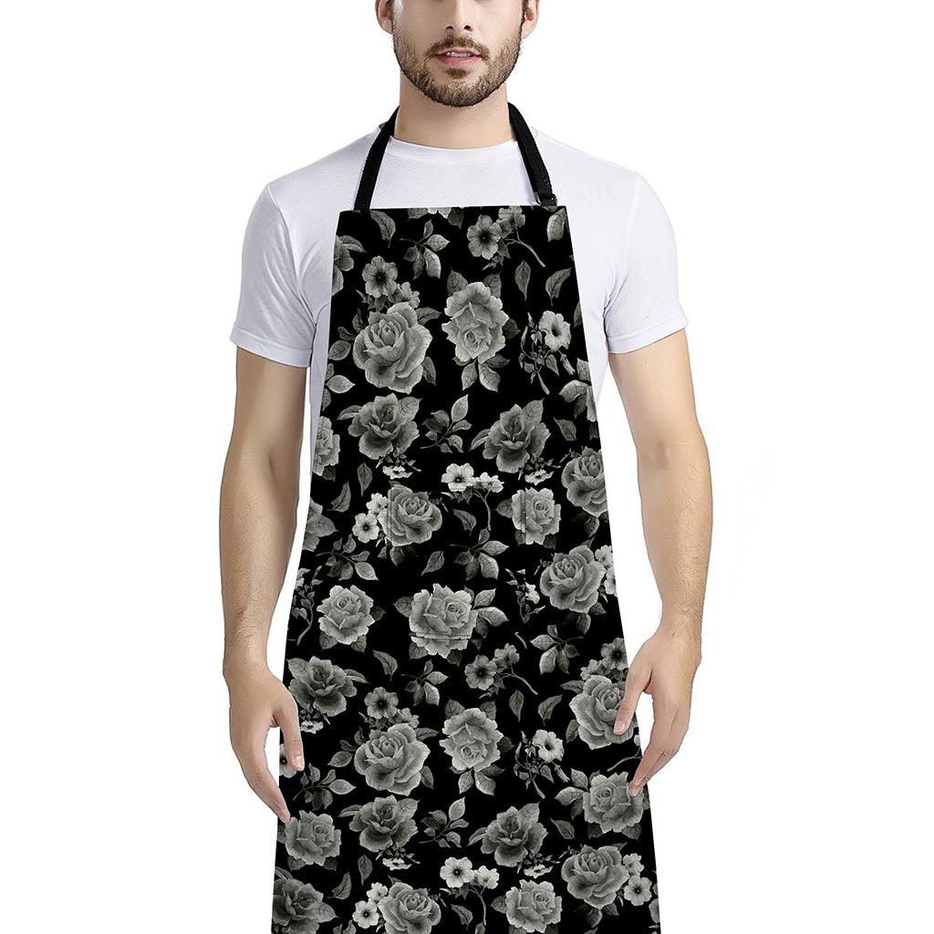 Monochrome Rose Floral Pattern Print Bib Apron With Pocket