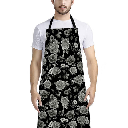 Monochrome Rose Floral Pattern Print Bib Apron With Pocket