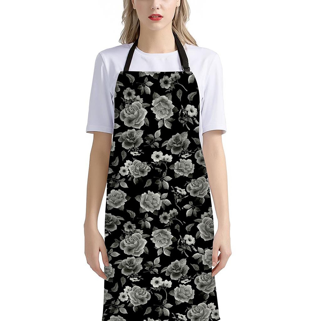 Monochrome Rose Floral Pattern Print Bib Apron With Pocket